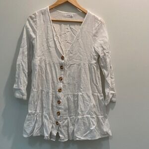 Girl and the Sun White Textured Cotton Tiered Button Front Top Size Small